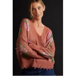 Anthropologie Floral Distressed Drop Shoulder Sweater Size Small